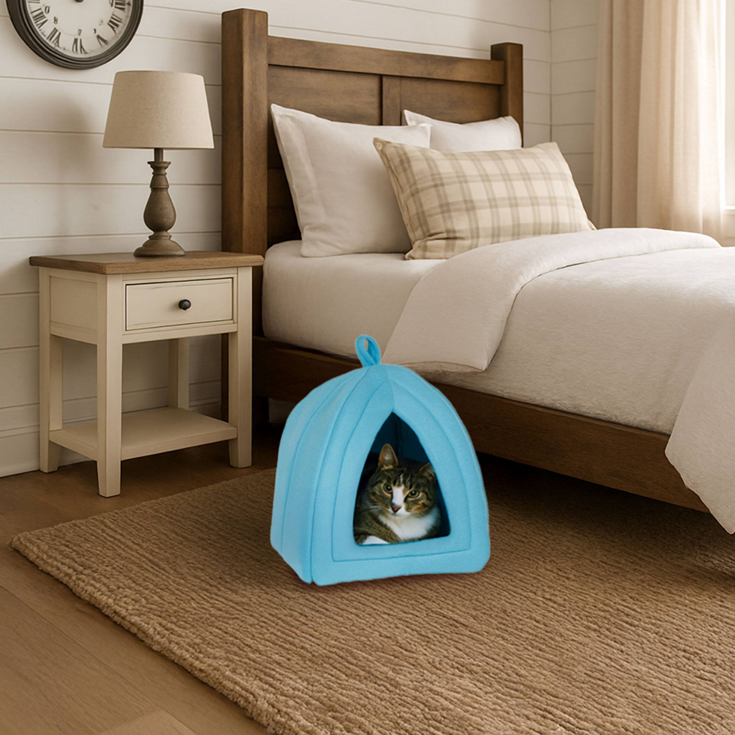 Alt View 6. PetMaker - Cat House Indoor Cat Bed with Removable Foam Cushion, Plush Cat Tent Bed for Small Pets, Comfortable Cozy Hideaway - Blue.