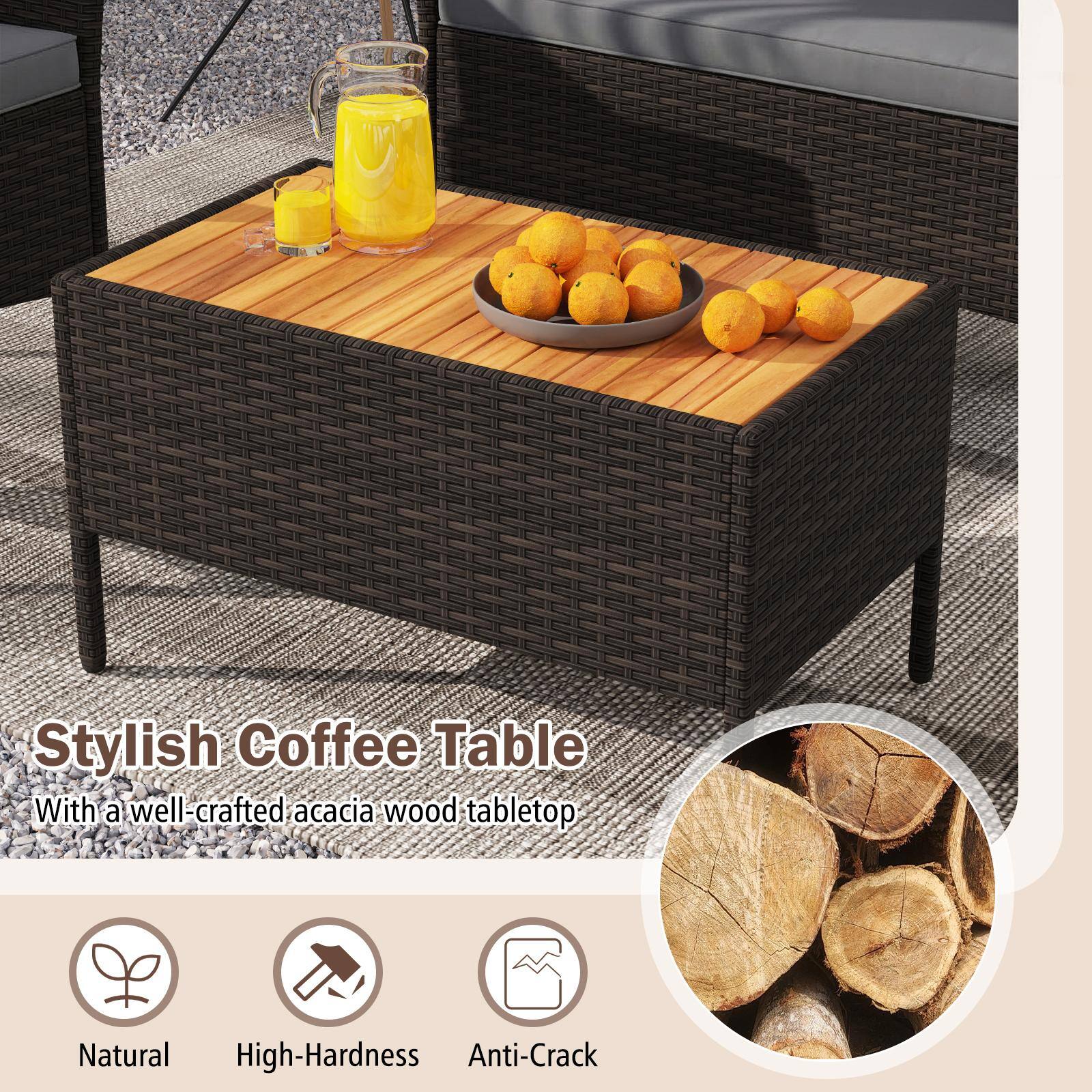 Stylish Coffee Table  
With a well-crafted acacia wood tabletop  

Natural  
High-Hardness  
Anti-Crack