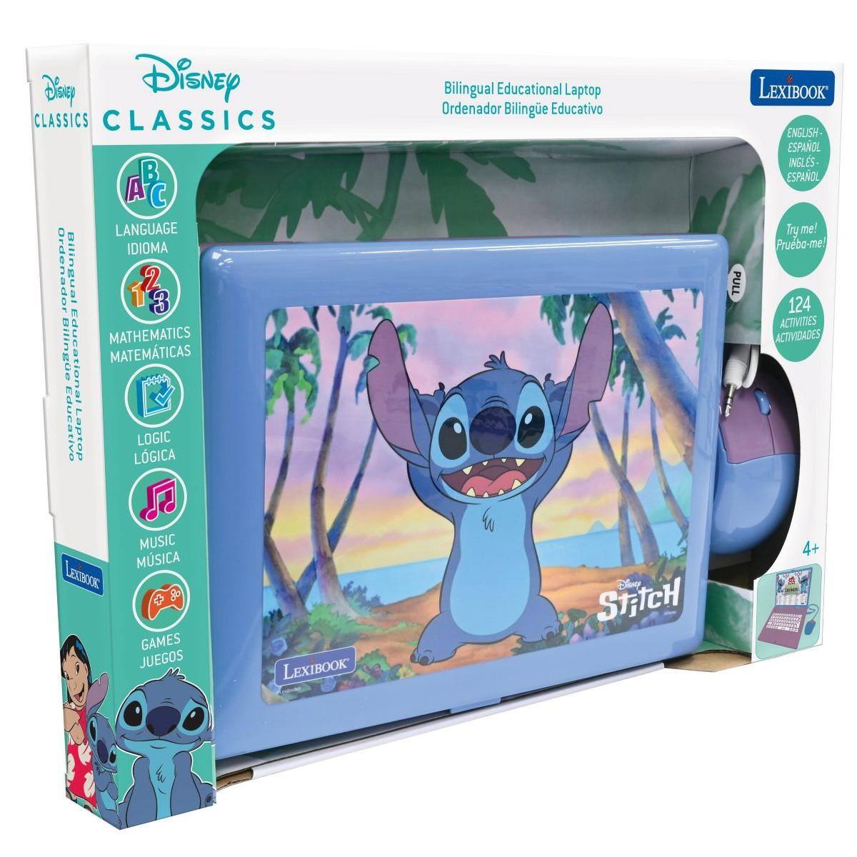 Disney CLASSICS  
Bilingual Educational Laptop  
Ordenador Bilingüe Educativo  

A B C  
LANGUAGE IDIOMA  
1 2 3  
MATHEMATICS MATEMÁTICAS  
LOGIC LÓGICA  
MUSIC MÚSICA  
GAMES JUEGOS  

LexiBook  
ENGLISH - ESPAÑOL  
INGLÉS - ESPAÑOL  

Try me!  
Prueba-me!  

124 ACTIVITIES  
ACTIVIDADES  

4+  

Disney STITCH