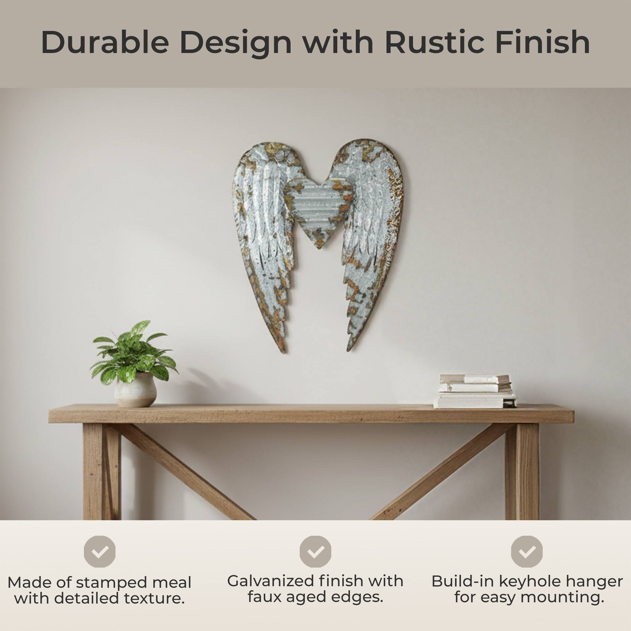Durable Design with Rustic Finish

- Made of stamped metal with detailed texture.
- Galvanized finish with faux aged edges.
- Build-in keyhole hanger for easy mounting.