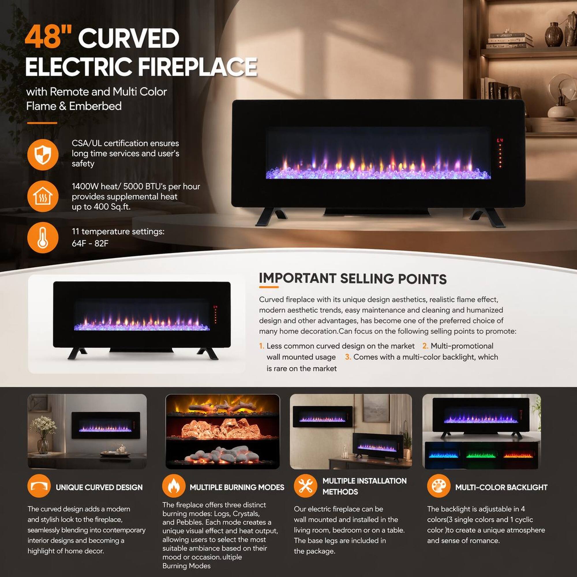 48" CURVED ELECTRIC FIREPLACE with Remote and Multi Color Flame & Emberbed

CSA/UL certification ensures long time services and user's safety

1400W heat / 5000 BTU's per hour provides supplemental heat up to 400 Sq.ft.

11 temperature settings: 64F - 82F

IMPORTANT SELLING POINTS

Curved fireplace with its unique design aesthetics, realistic flame effect, modern aesthetic trends, easy maintenance and cleaning and humanized design and other advantages, has become one of the preferred choice many home decoration. Can focus on the following selling points to promote:

1. Less common curved design on the market
2. Multi-promotional wall mounted usage
3. Comes with multi-color backlight, which is rare on the market

UNIQUE CURVED DESIGN

The curved design adds a modern and stylish look to the fireplace, seamlessly blending into contemporary interior designs and becoming a highlight of home decor.

MULTIPLE BURNING MODES

The fireplace offers three distinct burning modes: Logs, Crystals, and Pebbles. Each mode creates a unique visual effect and heat output, allowing users to select the most suitable ambiance based on their mood or occasion. Multiple Burning Modes

