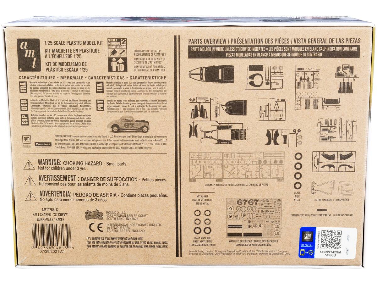 Sure, here is the corrected and grouped text from the image:

---

**1/25 SCALE PLASTIC MODEL KIT**

**KIT MAQUETTE EN PLASTIQUE À L'ÉCHELLE DE 1/25**

**KIT DE MODELISMO DE PLASTICO ESCALA 1/25**

**SKILL LEVEL 2**

**NIVEAU 2 HABILIDAD**

**CONFORMS TO THE SAFETY REQUIREMENTS OF ASTM F963**

**CONFORME AUX EXIGENCES DE SÉCURITÉ DE ASTM F963**

**CONFORMA A LOS REQUISITOS DE SEGURIDAD DE ASTM F963**

**CARACTERÍSTIQUES - MERKMALE - CARACTERÍSTICAS**

**FRA**

**ITA**

**PRT**

**ESP**

**GENERAL MOTORS Trademarks used under license to Round 2, LLC. Firestone Tire and Rubber Company Trademarks used under license to Round 2, LLC.**

**WARNING: CHOKING HAZARD - Small parts. Not for children under 3 yrs.**

**AVERTISSEMENT: DANGER DE SUFFOCATION - Petites