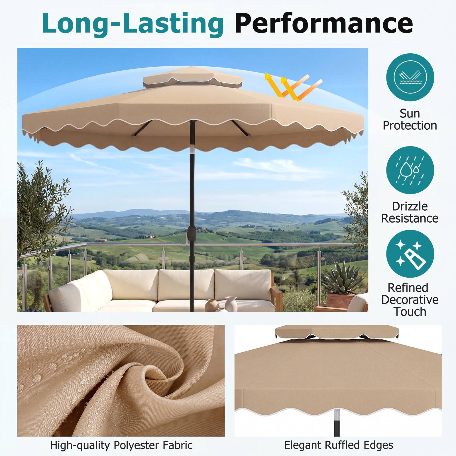 Long-Lasting Performance  
Sun Protection  
Drizzle Resistance  
Refined Decorative Touch  
High-quality Polyester Fabric  
Elegant Ruffled Edges