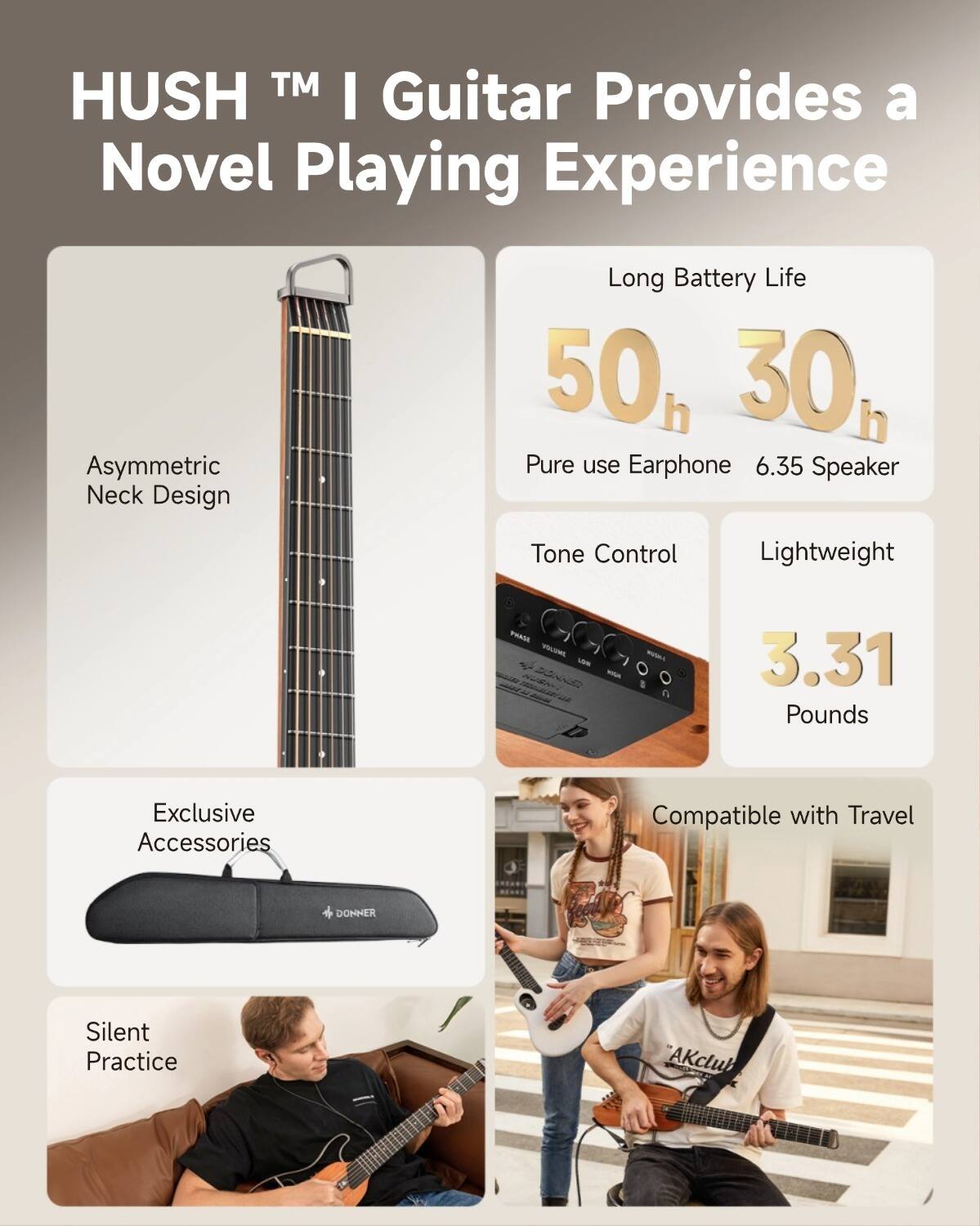 HUSH TM I Guitar Provides a Novel Playing Experience

Asymmetric Neck Design
Long Battery Life 50h 30h
Pure use Earphone 6.35 Speaker
Tone Control
Lightweight 3.31 Pounds
Exclusive Accessories
Compatible with Travel
Silent Practice
AKclub