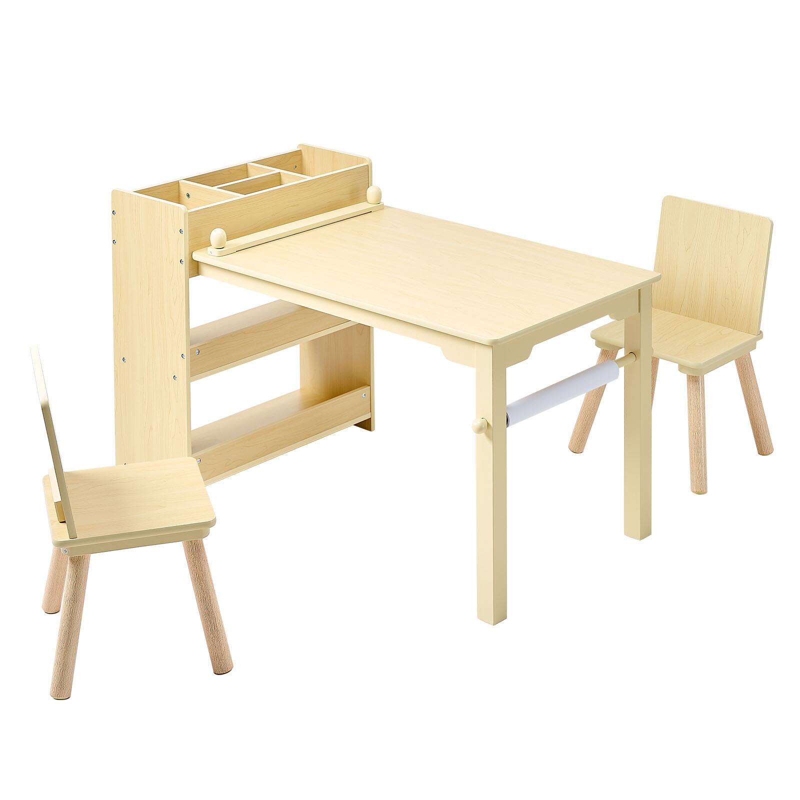 Alt View 5. VEVOR - Kids Art Table and Chair Set, Toddler Craft Table with 3 Tiers Storage Cabinet, Wooden Kids Activity Play Desk - Light Wood.