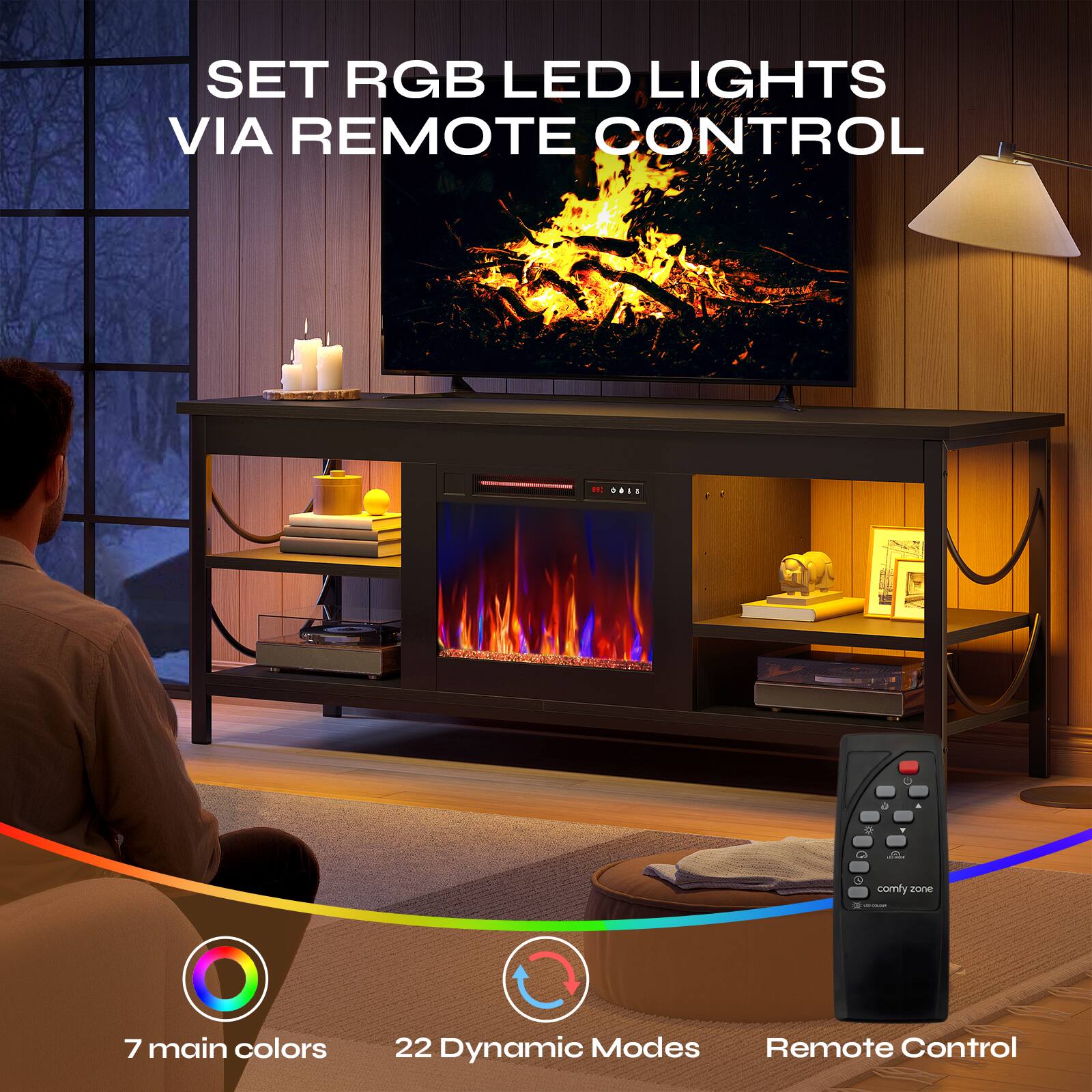 SET RGB LED LIGHTS VIA REMOTE CONTROL

- 7 main colors
- 22 Dynamic Modes
- Remote Control