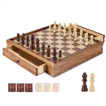 Front. VEVOR - Solid Wood Chess Set, 15 inch 2-IN-1 Chess Checkers Game Set, Chess Board Games with Storage Drawer - Walnut.