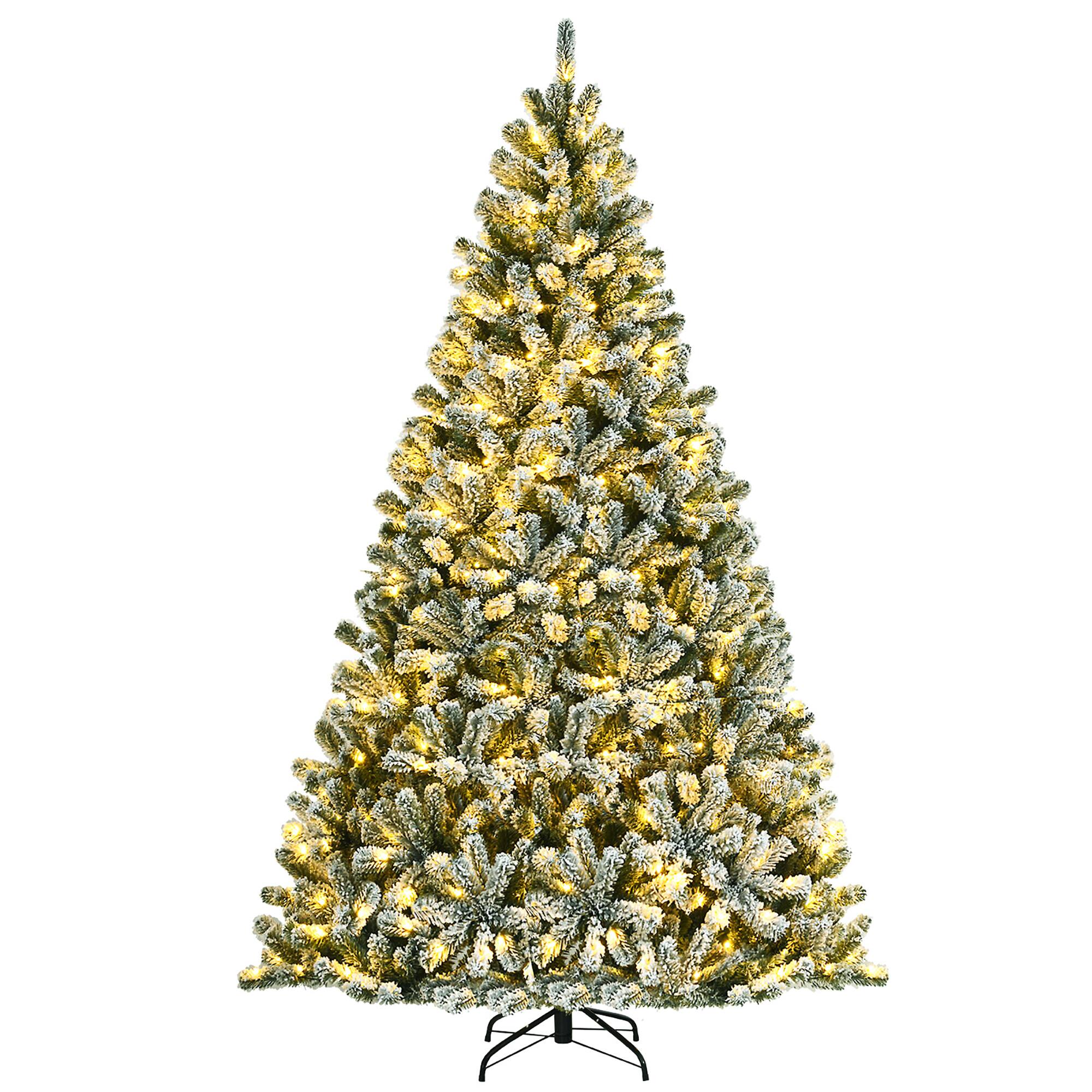 Costway - 8ft Pre-lit Snow Flocked Hinged Christmas Tree w/1502 Tips & Metal Stand - Green/White