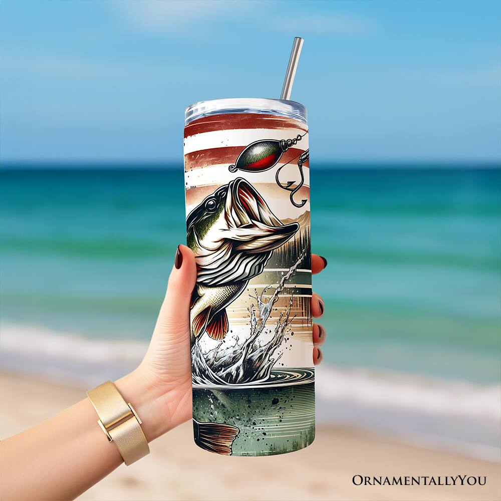 Left. OrnamentallyYou - Patriotic Bass Fishing 20ozTumbler With Stainless Steel Straw - Multicolored.