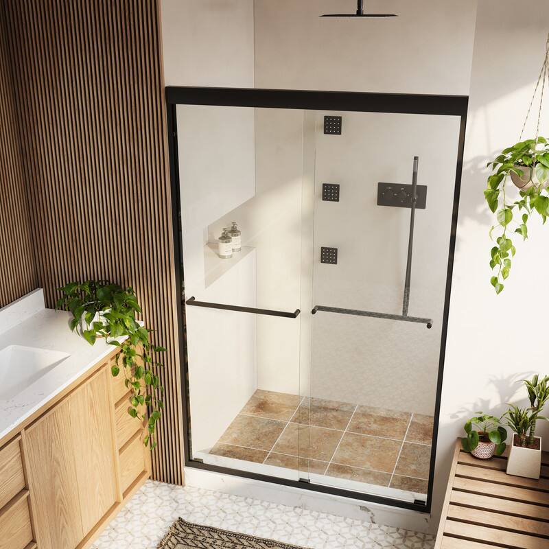 Left. WELLFOR - 44-48 in W x 72 in H Framed Shower Door with Double Sliding & Stainless Steel Towel Bar Handle, 1/4" Tempered Glass - Matte Black.