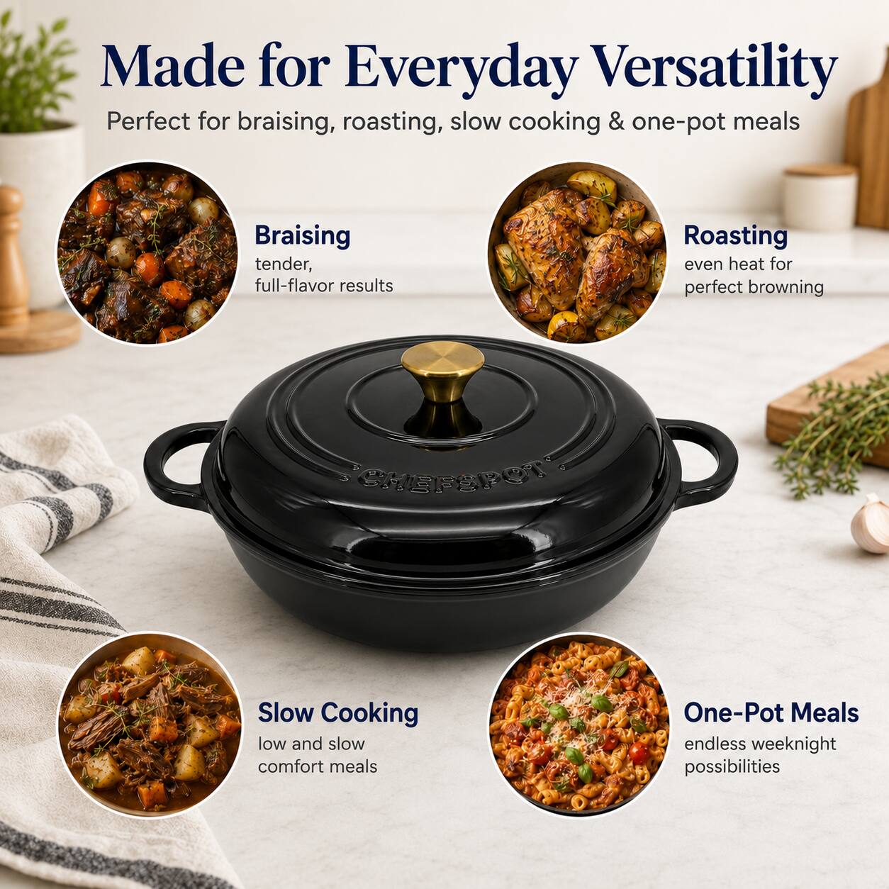 Made for Everyday Versatility  
Perfect for braising, roasting, slow cooking & one-pot meals

Braising  
tender, full-flavor results

Roasting  
even heat for perfect browning

Slow Cooking  
low and slow comfort meals

One-Pot Meals  
endless weeknight possibilities