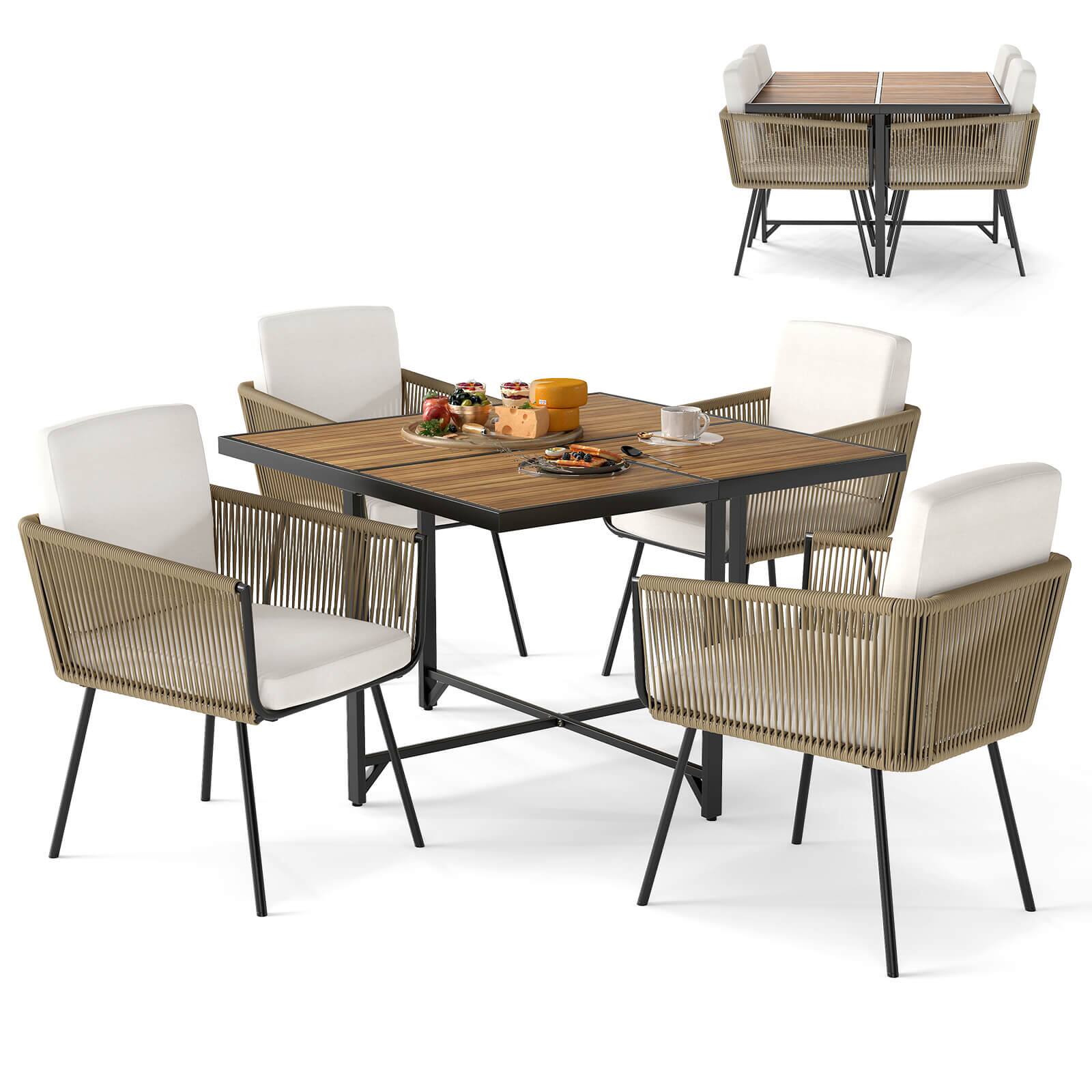 Costway - 5 Pieces Patio Dining Set Outdoor Rectangular Table and Chairs Furniture Set - Light Brown,Off-White