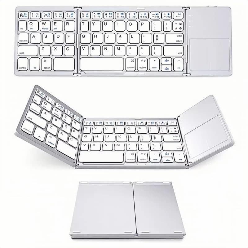 Comfort Essence - Foldable With Touchpad Portable Wireless Rechargeable Full Size Ultra Slim Pocket Folding Key Board For - silver white