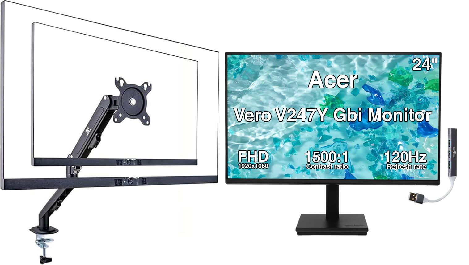 Acer - Vero V247Y Gbi 24" FHD IPS Monitor, 4ms Response Time (UM.QV7AA.G07) w/HDMI cable, DKZ Hub & Ergoflexy Single Arm - Black