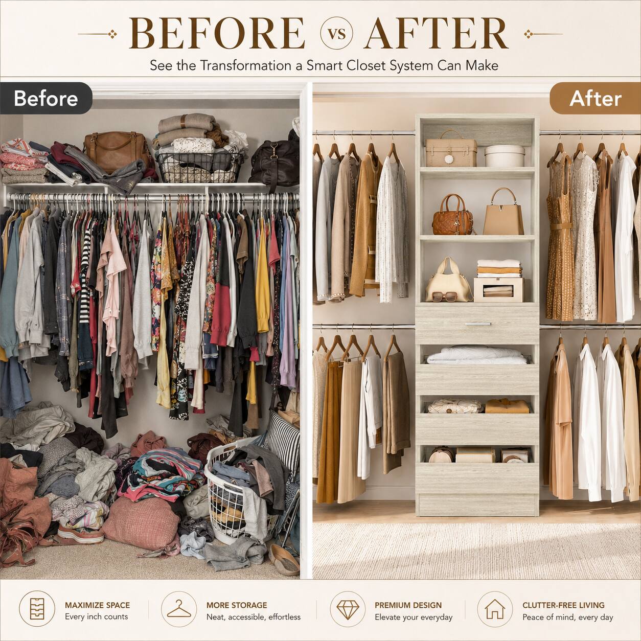 BEFORE VS AFTER  
See the Transformation a Smart Closet System Can Make  

Before  
After  

MAXIMIZE SPACE  
Every inch counts  

MORE STORAGE  
Neat, accessible, effortless  

PREMIUM DESIGN  
Elevate your everyday  

CLUTTER-FREE LIVING  
Peace of mind, every day