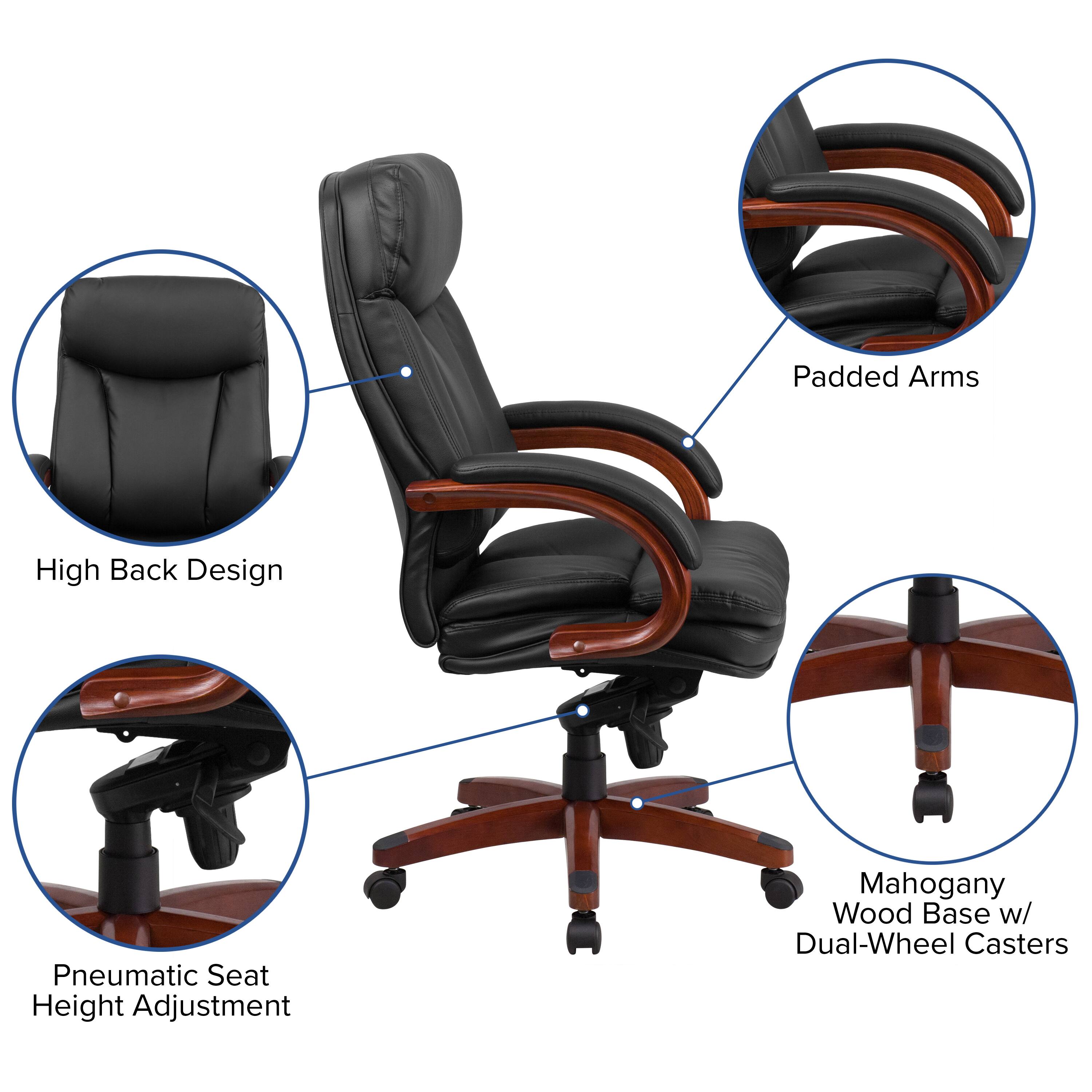 Padded Arms  
High Back Design  
Pneumatic Seat Height Adjustment  
Mahogany Wood Base w/ Dual-Wheel Casters