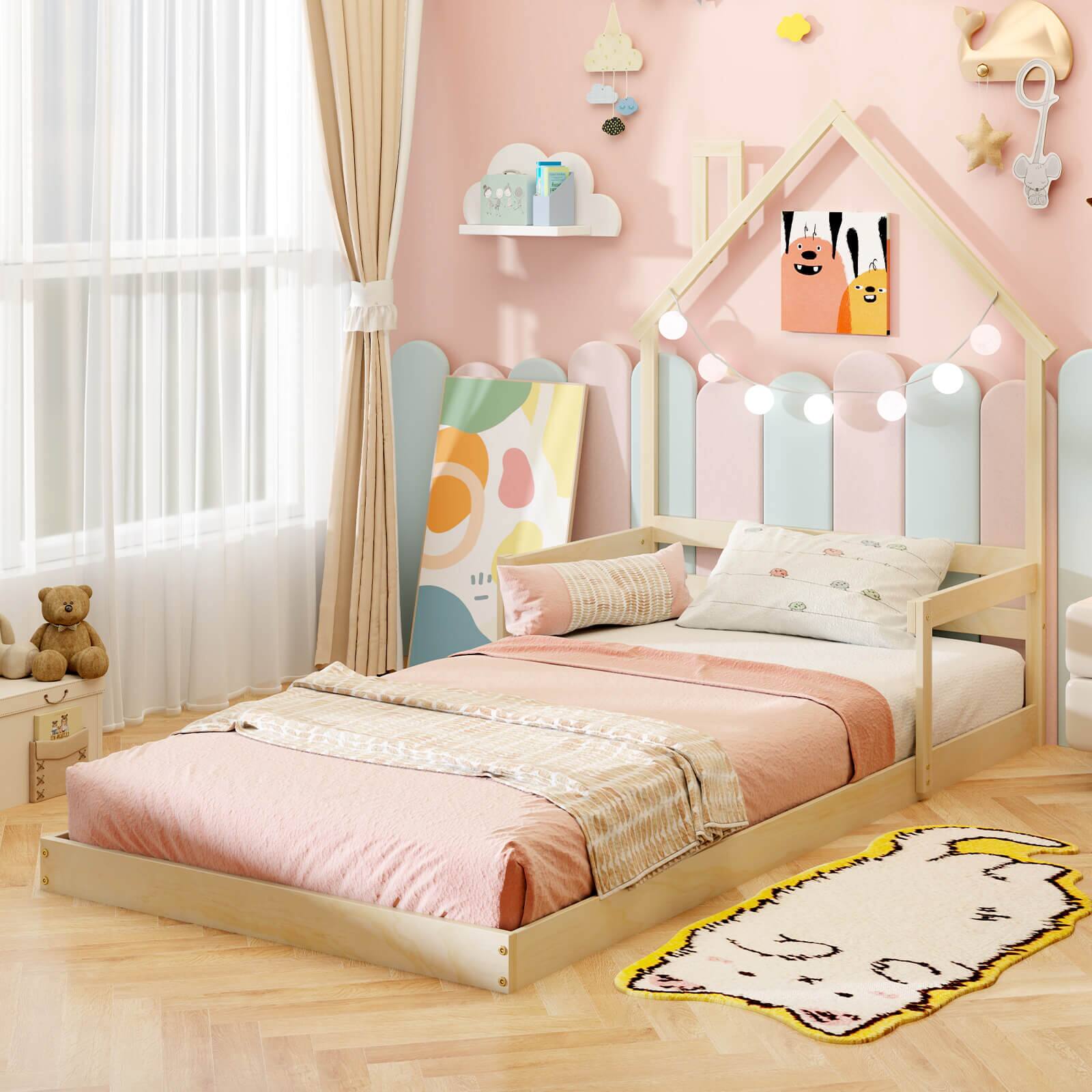 Alt View 2. Costway - Costway Twin Size Floor Bed for Kids with Chimney Headboard & Handrail Natural - Natural.
