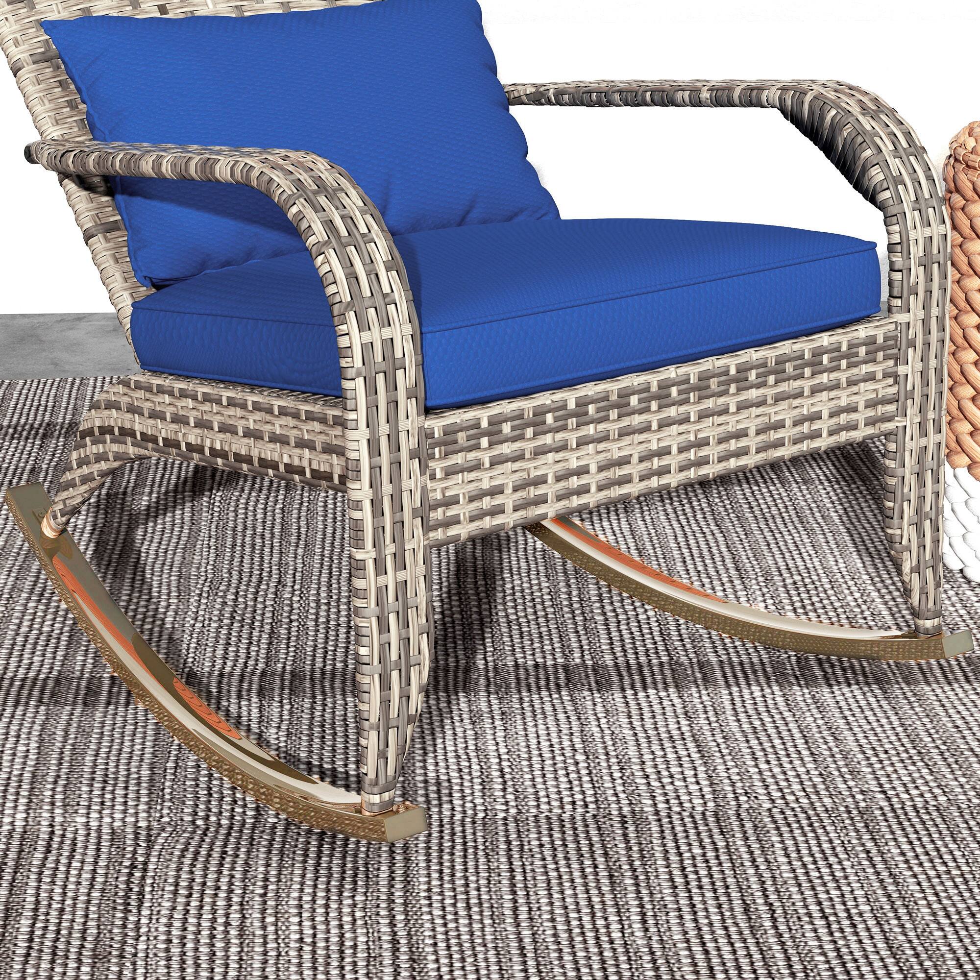 Alt View 8. Outsunny - Outdoor Wicker Adirondack Rocking Chair, Patio Rattan Rocker Chair with High Back, Seat Cushion, and Pillow - Dark Blue.