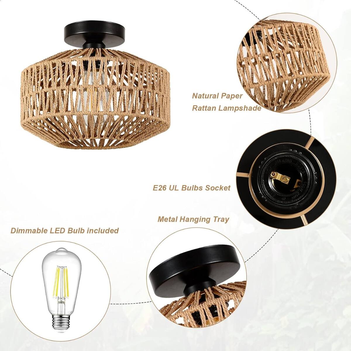 Loheer Boho Flush Mount Ceiling Light, Mini Rattan Chandelier with ...
