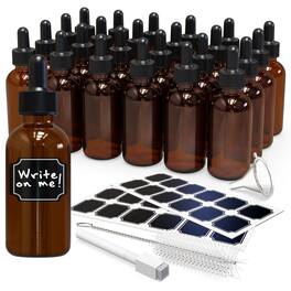Nevlers - 2 Oz. Glass Dropper Bottles with Funnel, Brush, Marker and Labels (Pack of 24) - Amber