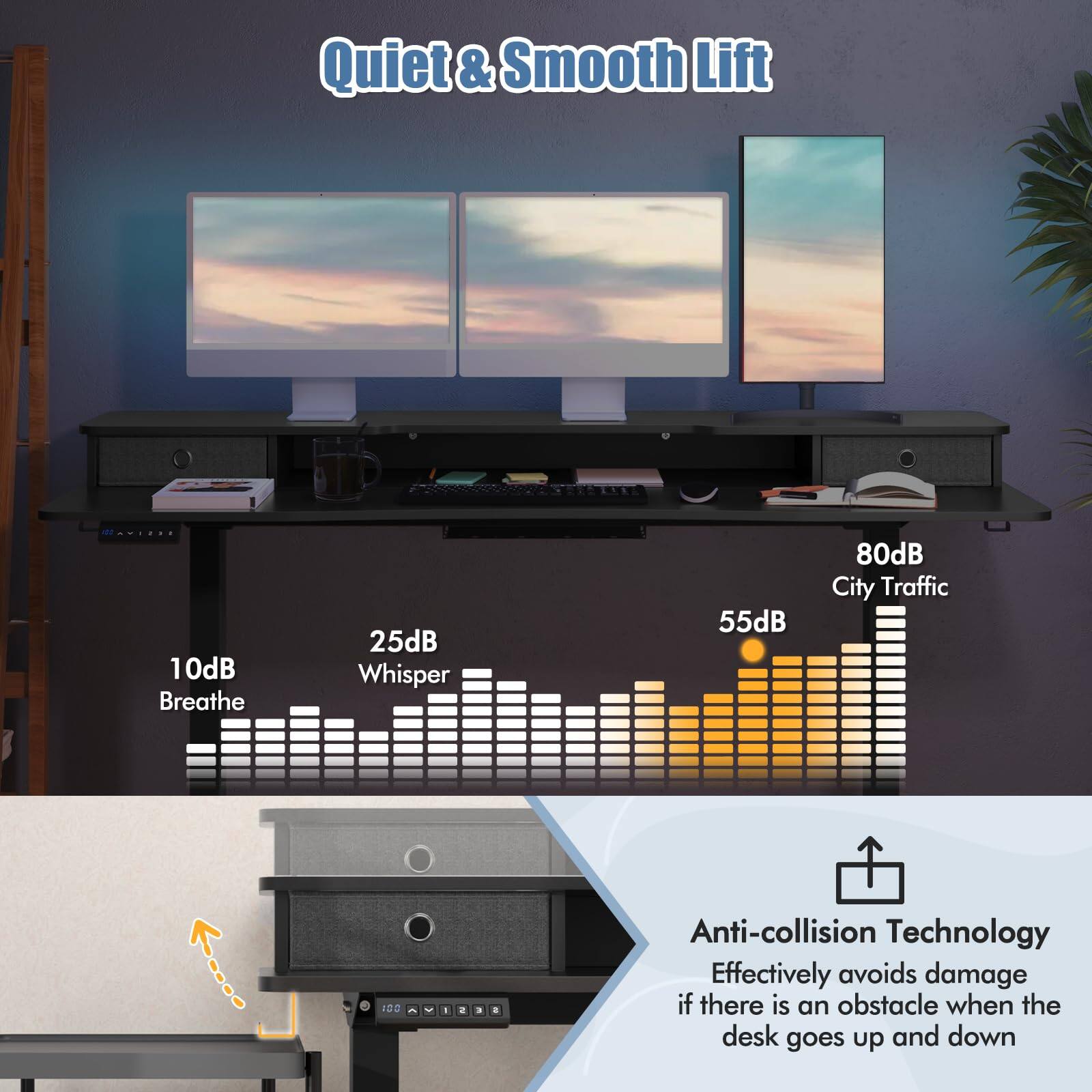 Quiet & Smooth Lift

- 10dB Breathe
- 25dB Whisper
- 55dB
- 80dB City Traffic

Anti-collision Technology
Effectively avoids damage if there is an obstacle when the desk goes up and down