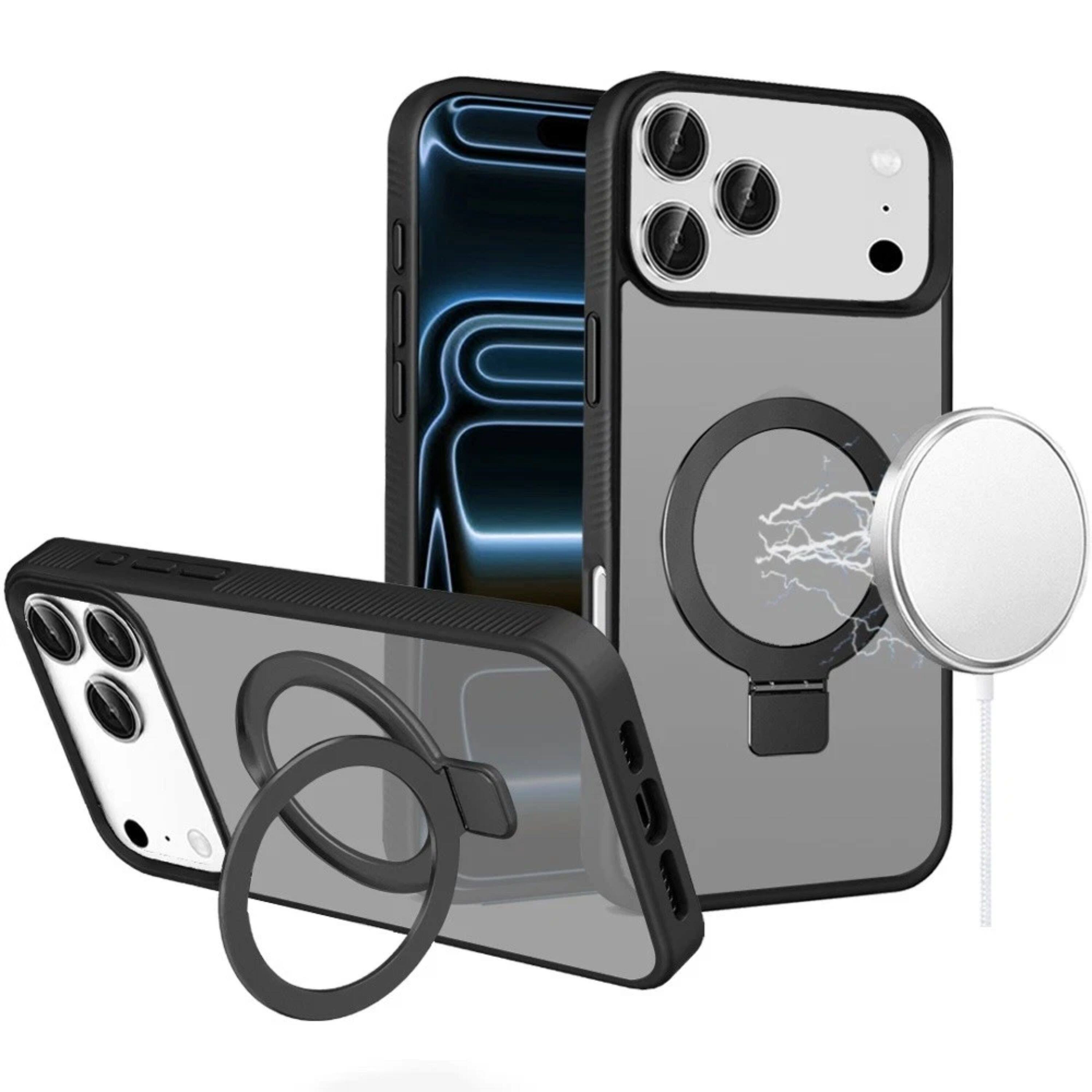 Front. Kitcheniva - Touch Magnetic Circle Metal Stand Plus Tempered Glass For iPhone 17 Pro Black - Black.