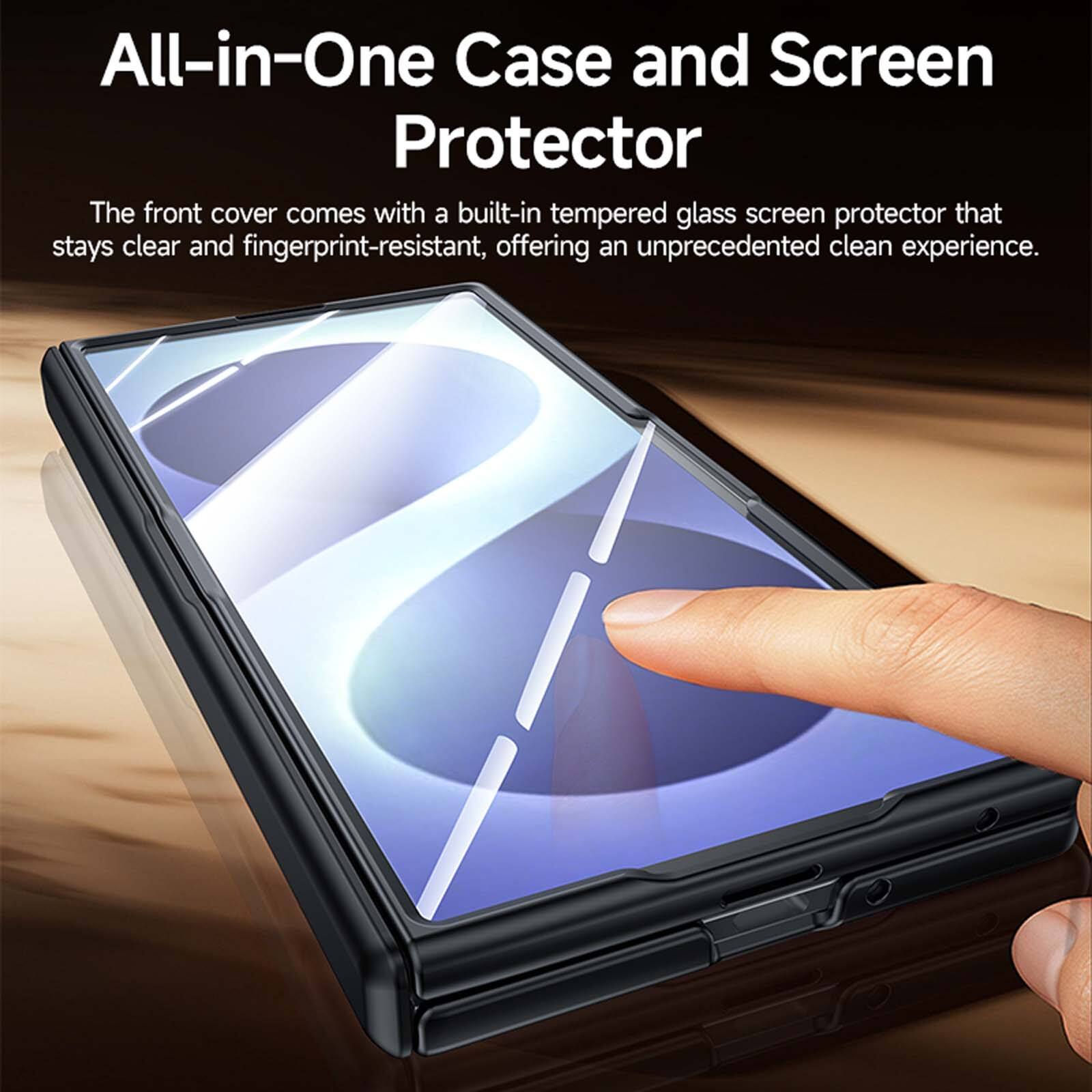 All-in-One Case and Screen Protector

The front cover comes with a built-in tempered glass screen protector that stays clear and fingerprint-resistant, offering an unprecedented clean experience.
