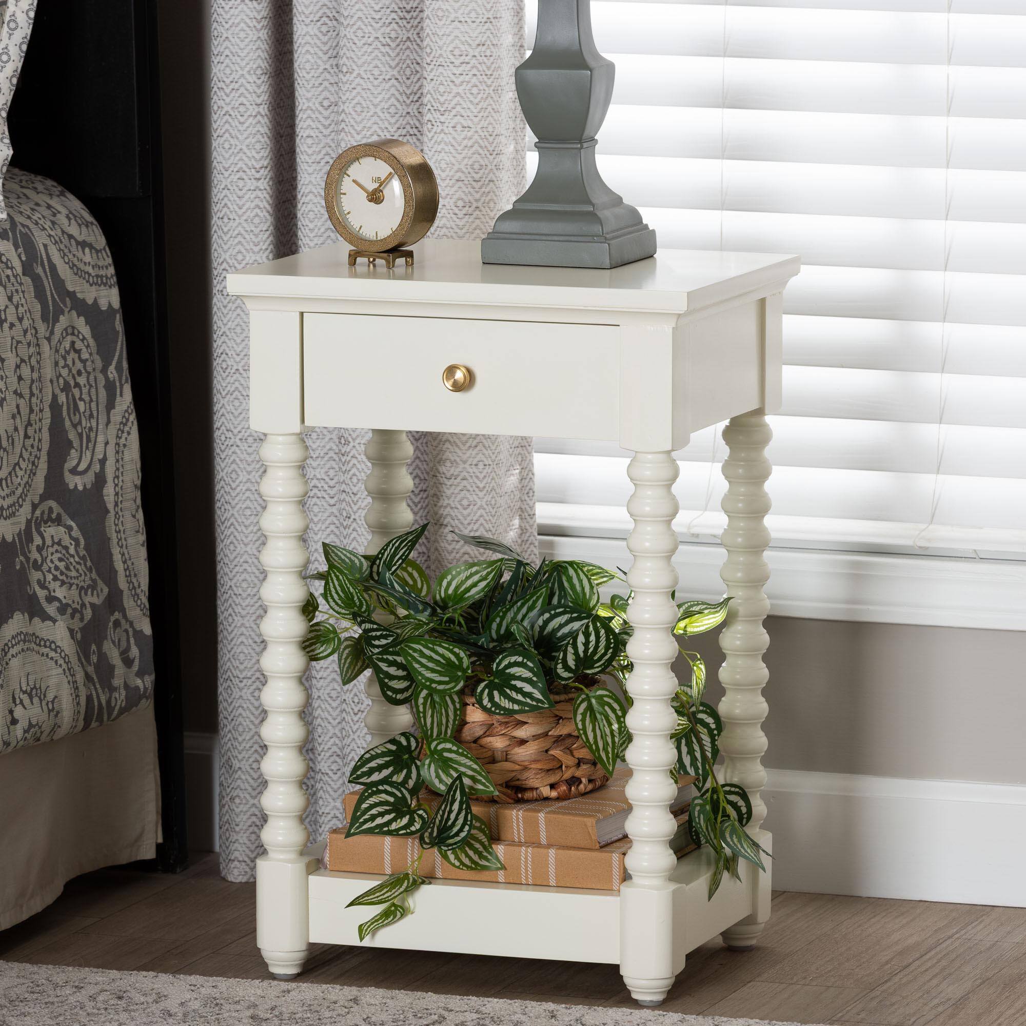 Alt View 5. bali & pari - Baxton Studio Terentia Nightstand with Bobbin Legs - 1-Drawer Bedroom Side Table with Storage Shelf, White - White.