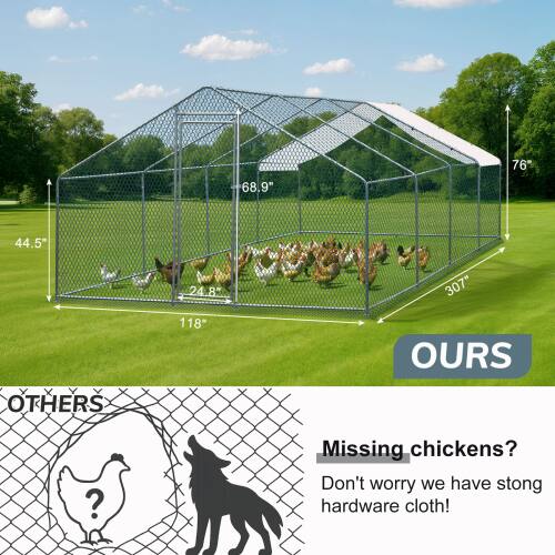 76" 68.9" 44.5" 24.8" 307" 118" OURS OTHERS ? Missing chickens? Don't worry we have strong hardware cloth!