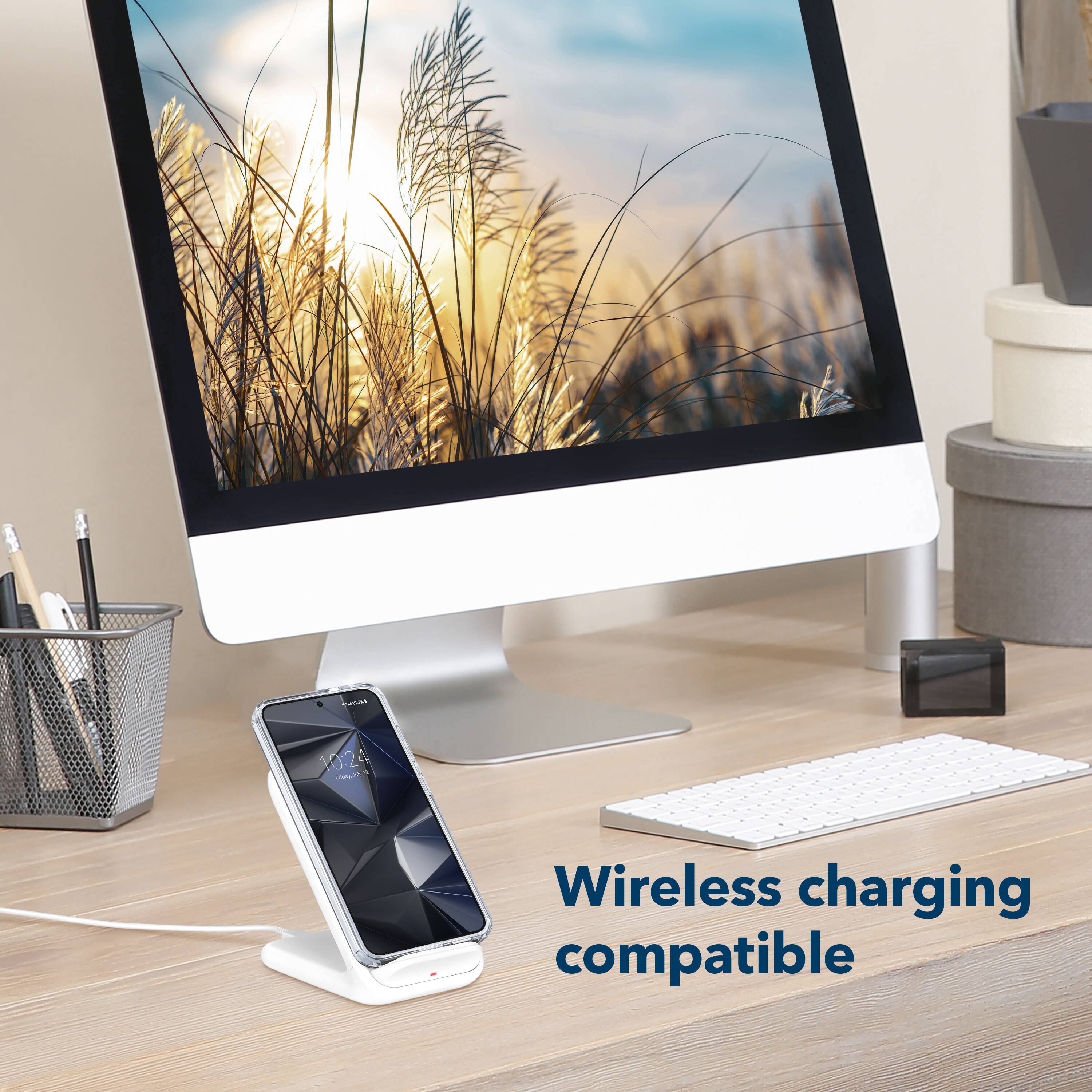 The text on the image reads "Wireless charging compatible."