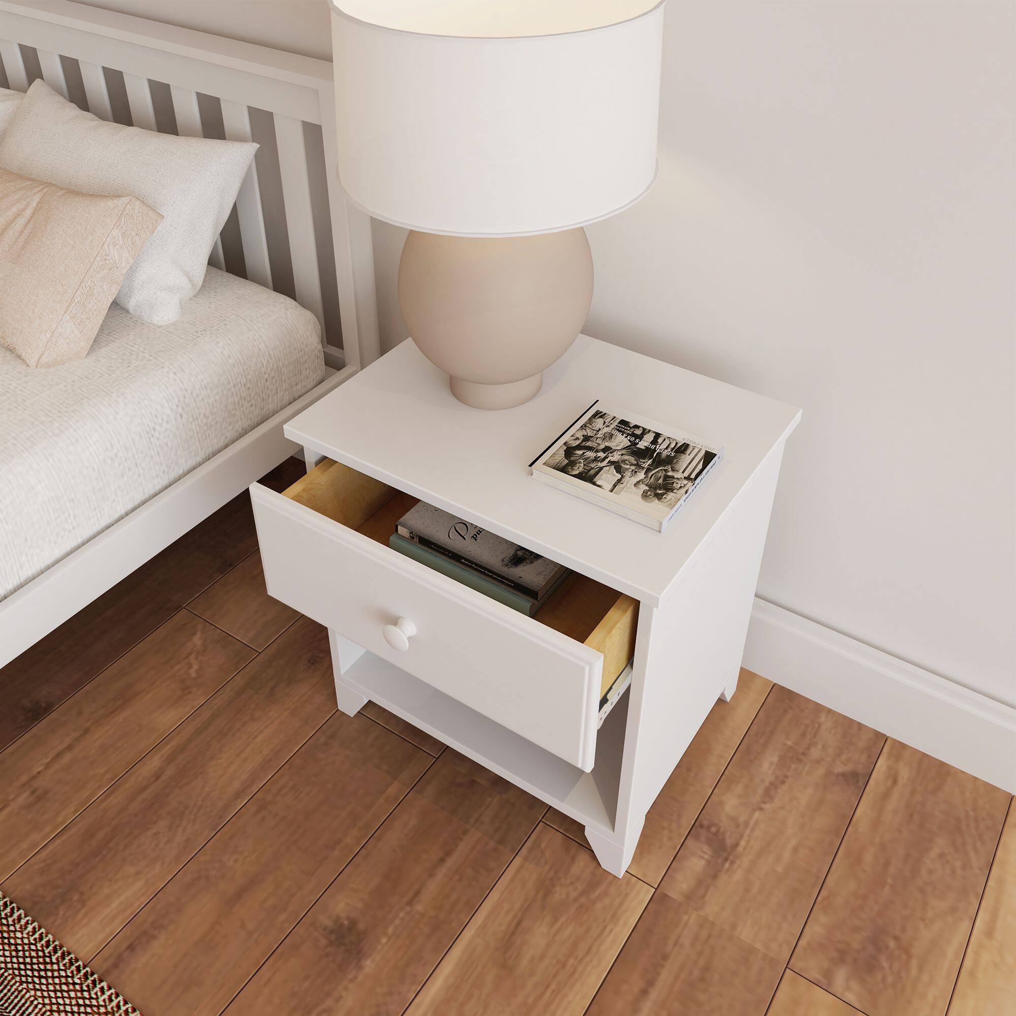 Alt View 4. Plank+Beam - Nightstand with 1 Drawer, White - White.