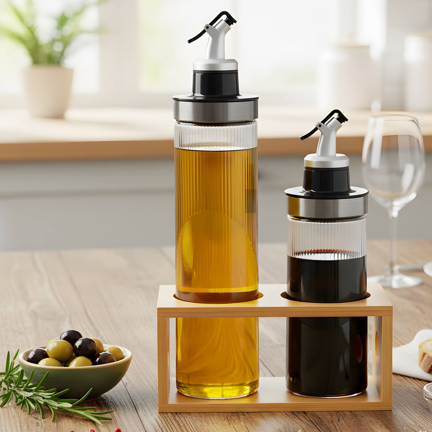 Back. Garnen - Oil and Vinegar Dispenser Set, 13.5oz & 22oz Oil Dispenser for Kitchen, Olive Oil Bottles Dispenser Glass + Wooden Rack - Clear.