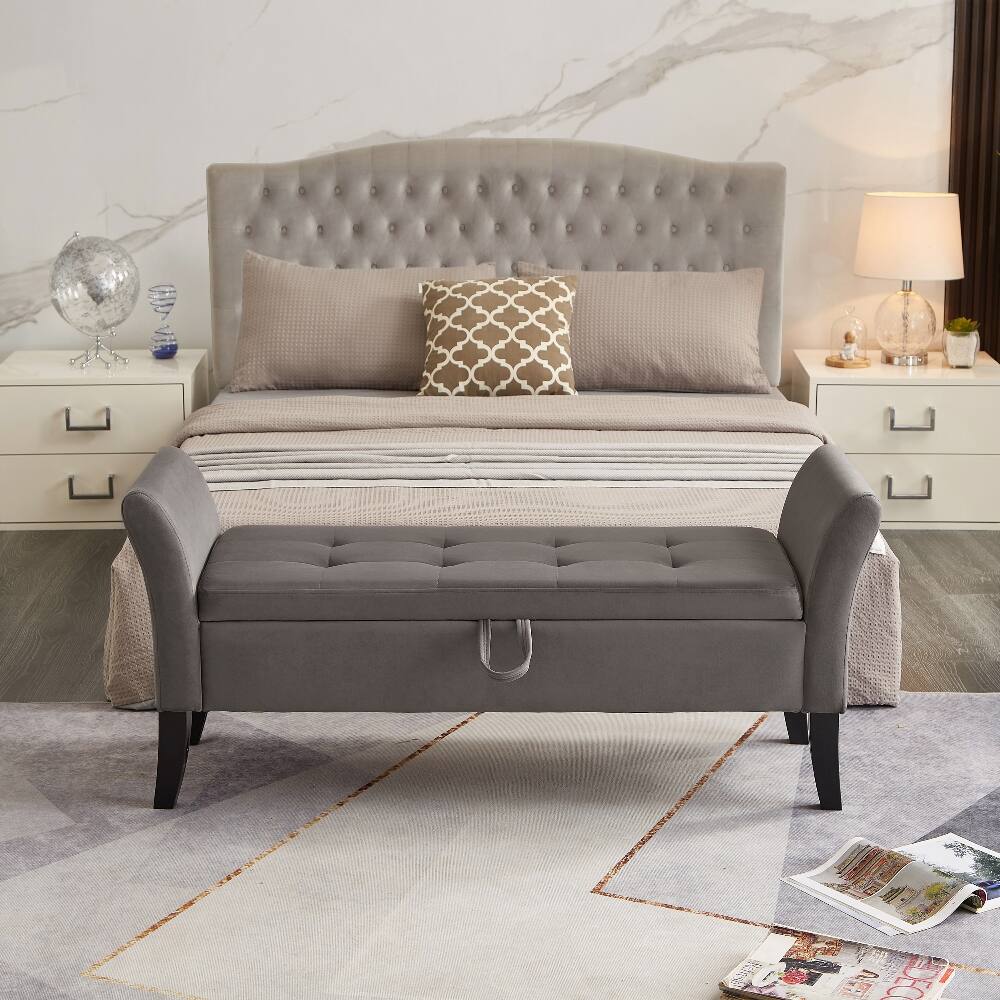Left. Ropilly - Ropilly 51.5" Grey Velvet Storage Bench, Tufted End of Bed Ottoman with Curved Arms, Upholstered Bedroom Shoe Bench - Grey.