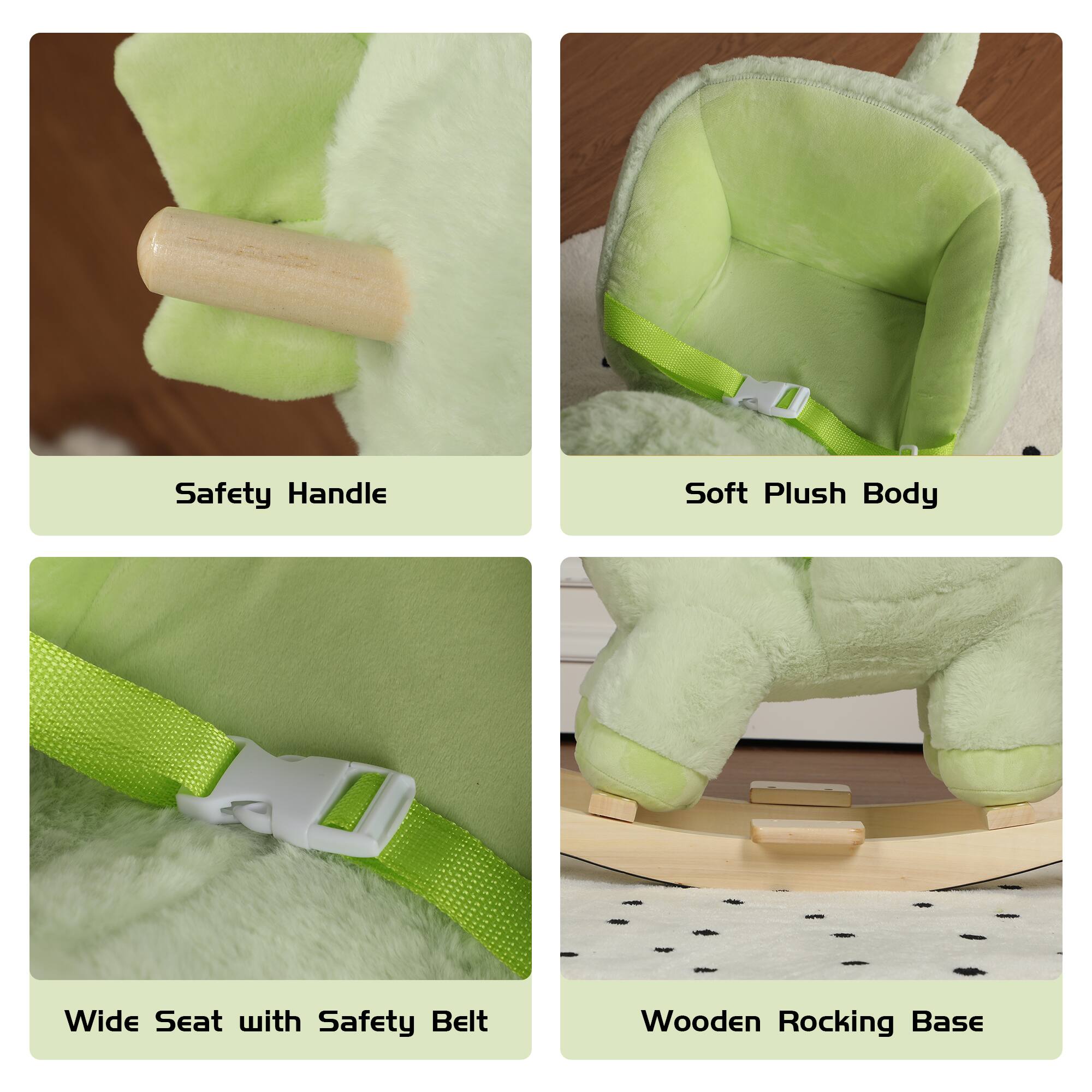 Safety Handle  
Soft Plush Body  
Wide Seat with Safety Belt  
Wooden Rocking Base