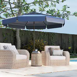 Costway - 10 FT Solar Patio Umbrella with 32 LED Lights 3-Tier Vented Top & Ruffles - Blue
