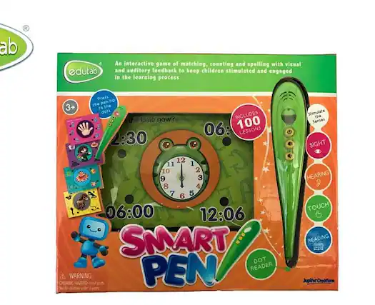 edutab An interactive game of matching, counting and spelling with visual and auditory feedback to keep children stimulated and engaged in the learning process Press the pen tip to the dots the time now? INCLUDES 100 LESSONS 06:30 12:06 SMART DOT PEN READER WARNING CHOKING HAZARD- small parts for Stimulate the Senses SIGHT HEARING TOUCH READING Jupltur Creations