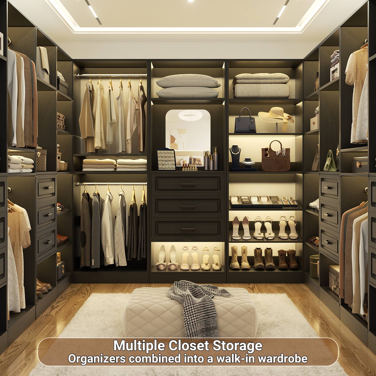 Multiple Closet Storage Organizers combined into a walk-in wardrobe