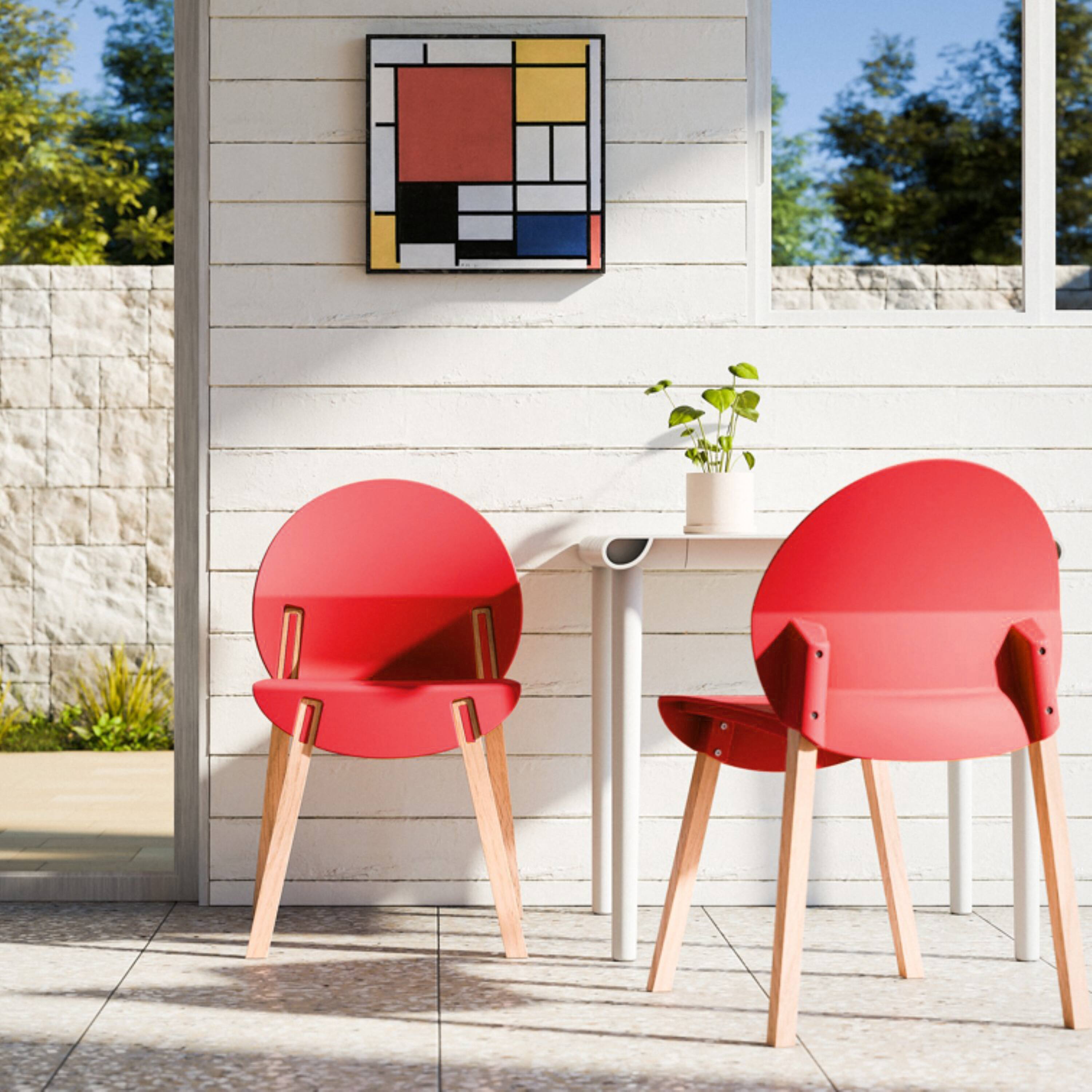 Left. Mondawe - 4-Pack Crimson Chairs – Red Oak Wood Legs & PP Seat - Red.
