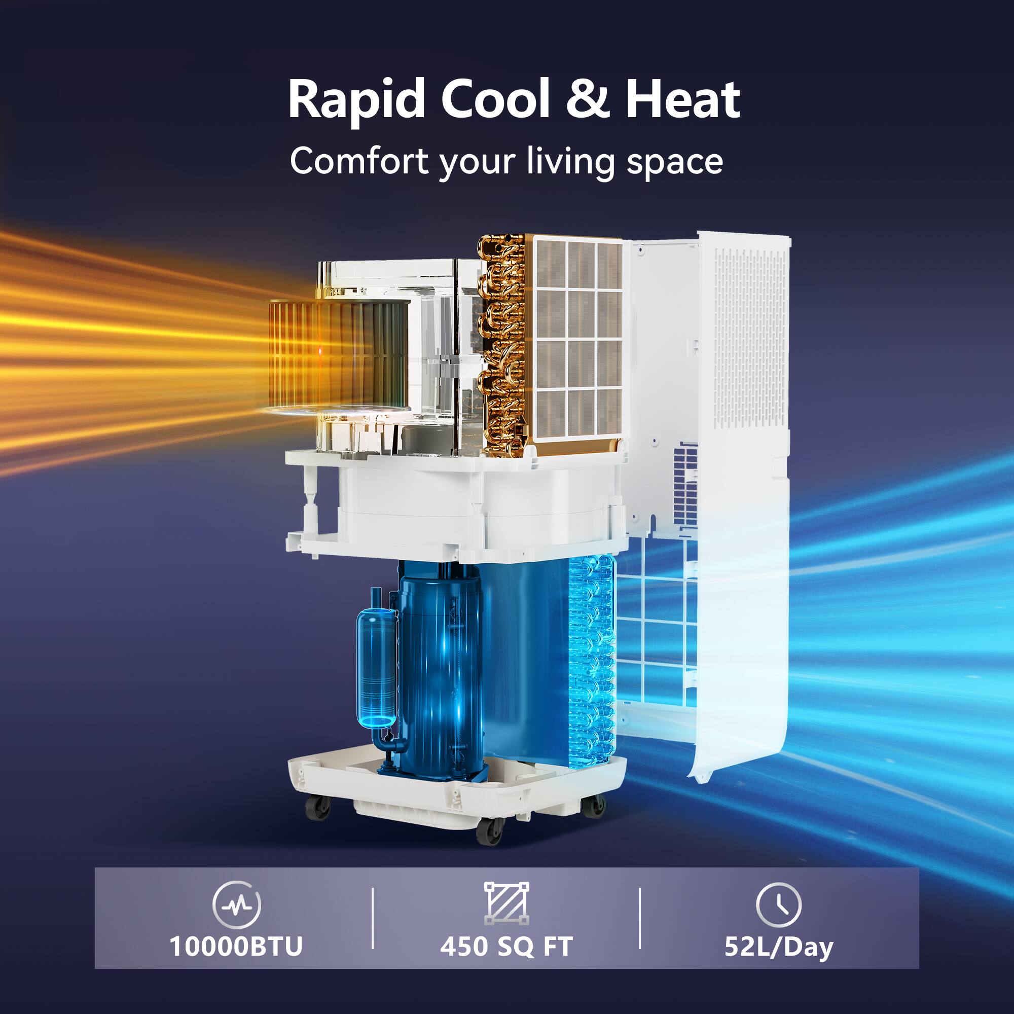 Rapid Cool & Heat  
Comfort your living space  

10000BTU  
450 SQ FT  
52L/Day