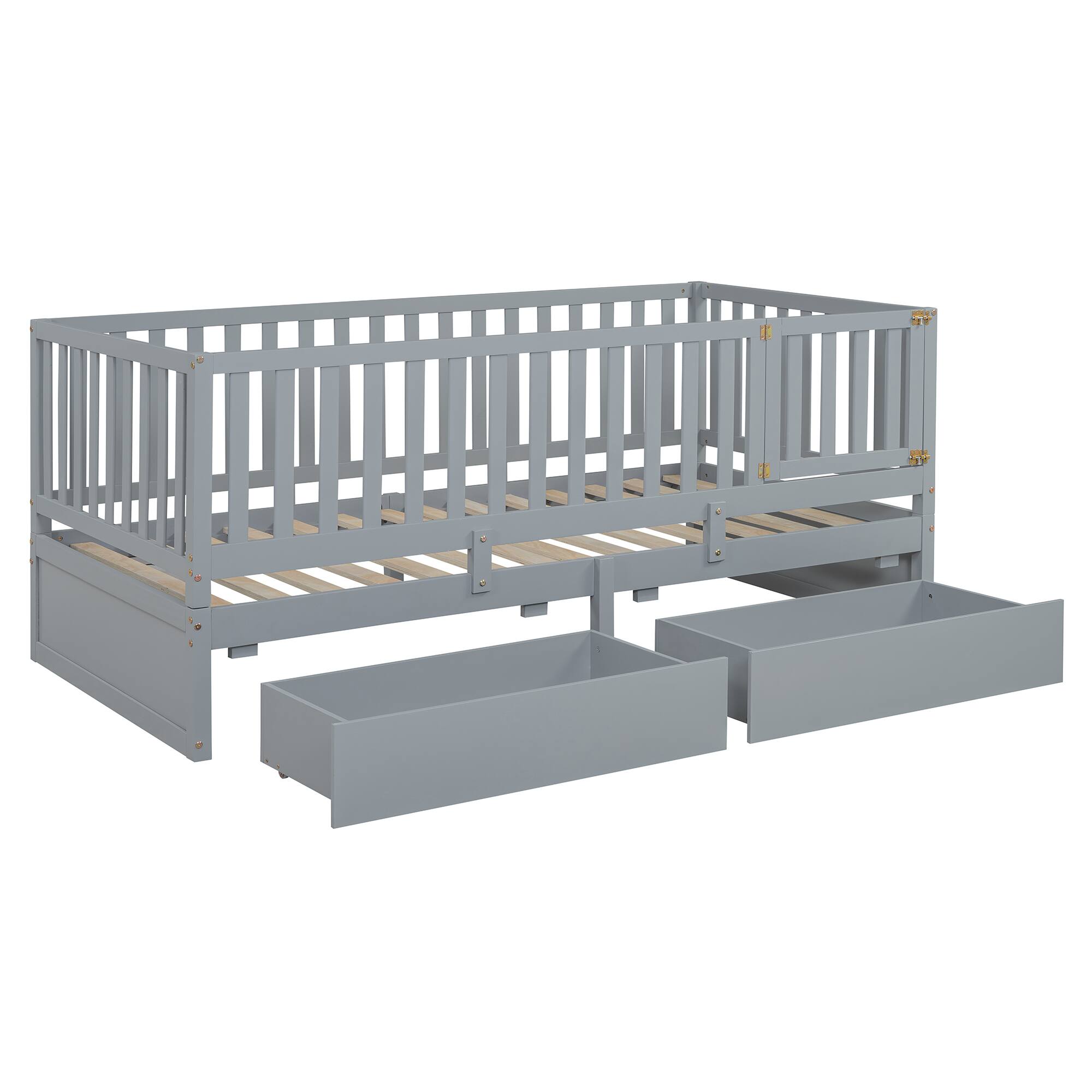 Alt View 6. Tiramisubest - Twin Size Wood Daybed with Fence Guardrails and 2 Drawers, Split into Independent Floor Bed & Daybed, Gray - Gray.