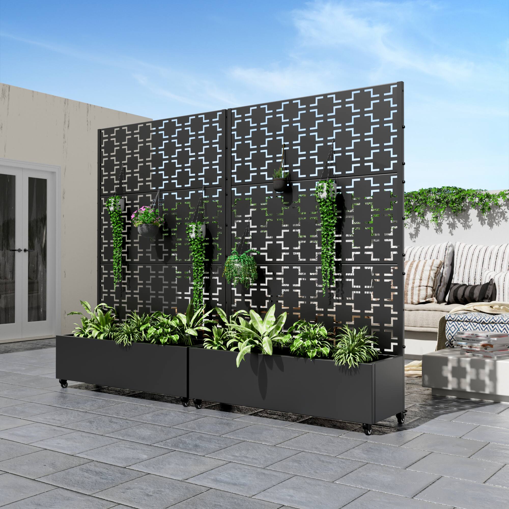 Alt View 1. PexFix - 72 in. H x 47 in. W Grid Pattern Rectangle Metal Planter Box Raised Garden Beds with Trellis-Ideal for Balcony - Black.