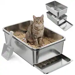 Pawhut - Steel Litter Box, XL Sifting Cat Litter Box for Medium, Large Cat, Non-Sticky, Odour Free - Silver