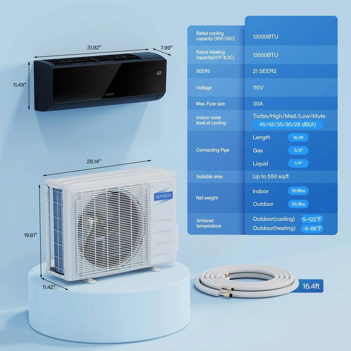 - **Dimensions:**
  - Indoor Unit: 31.92" (W) x 7.99" (D) x 11.49" (H)
  - Outdoor Unit: 28.14" (W) x 19.61" (D) x 11.42" (H)

- **Capacity:**
  - Rated Cooling Capacity: 12000 BTU (95°F/35°C)
  - Rated Heating Capacity: 12600 BTU (47°F/8.3°C)

- **Efficiency:**
  - SEER2: 21
  - SEER2: 62

- **Voltage:**
  - 115V

- **Fuse Size:**
  - Max. Fuse Size: 30A

- **Noise Level:**
  - Indoor Noise Level at Cooling: Turbo/High/Med./Low/Mute: 45/42/35/30/28 dB(A)

- **Length:**
  - 16.4ft

- **Connecting Pipe:**
  - Gas: 3/