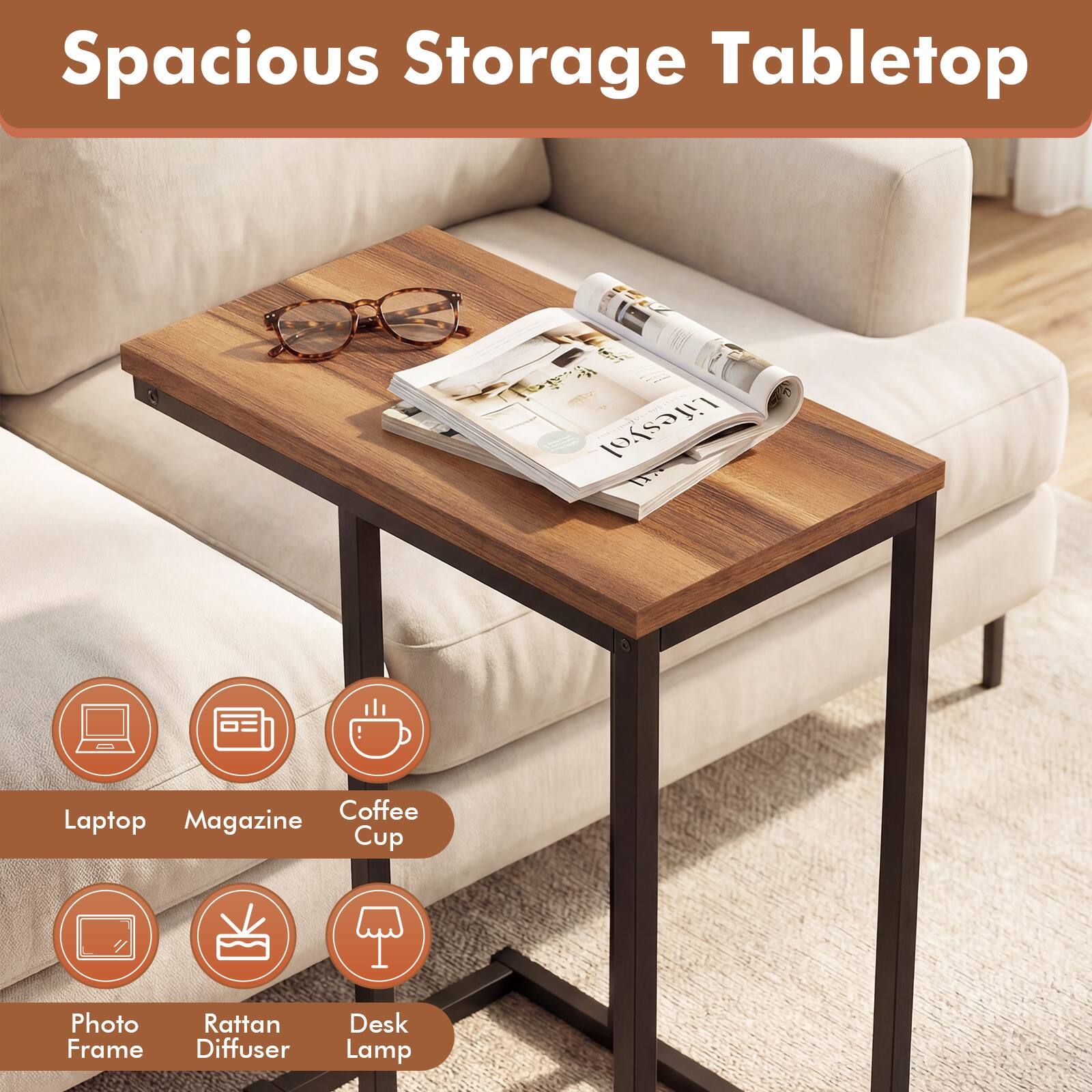Spacious Storage Tabletop

- Laptop
- Magazine
- Coffee Cup
- Photo Frame
- Rattan Diffuser
- Desk Lamp