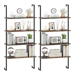 Costway - 2 PCS 4-Tier Ladder Shelf Bookshelf Industrial Wall Shelf with Metal Frame - Brown