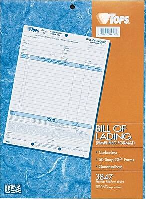 **BILL OF LADING (SIMPLIFIED FORMAT)**

- Carbonless
- 50 Snap-Off® Forms
- Quadruplicate

**3847**  
Replaces Radform 69/98

Made in U.S.A.  
Tops, Inc., Orange, CA 92867