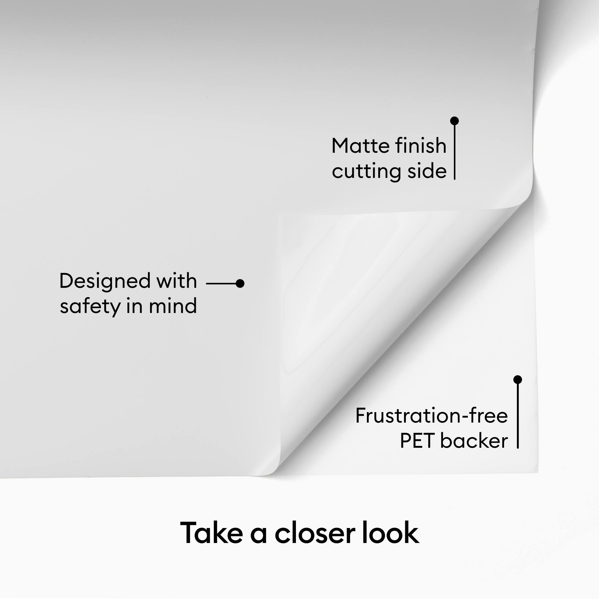 - Matte finish cutting side
- Designed with safety in mind
- Frustration-free PET backer

Take a closer look