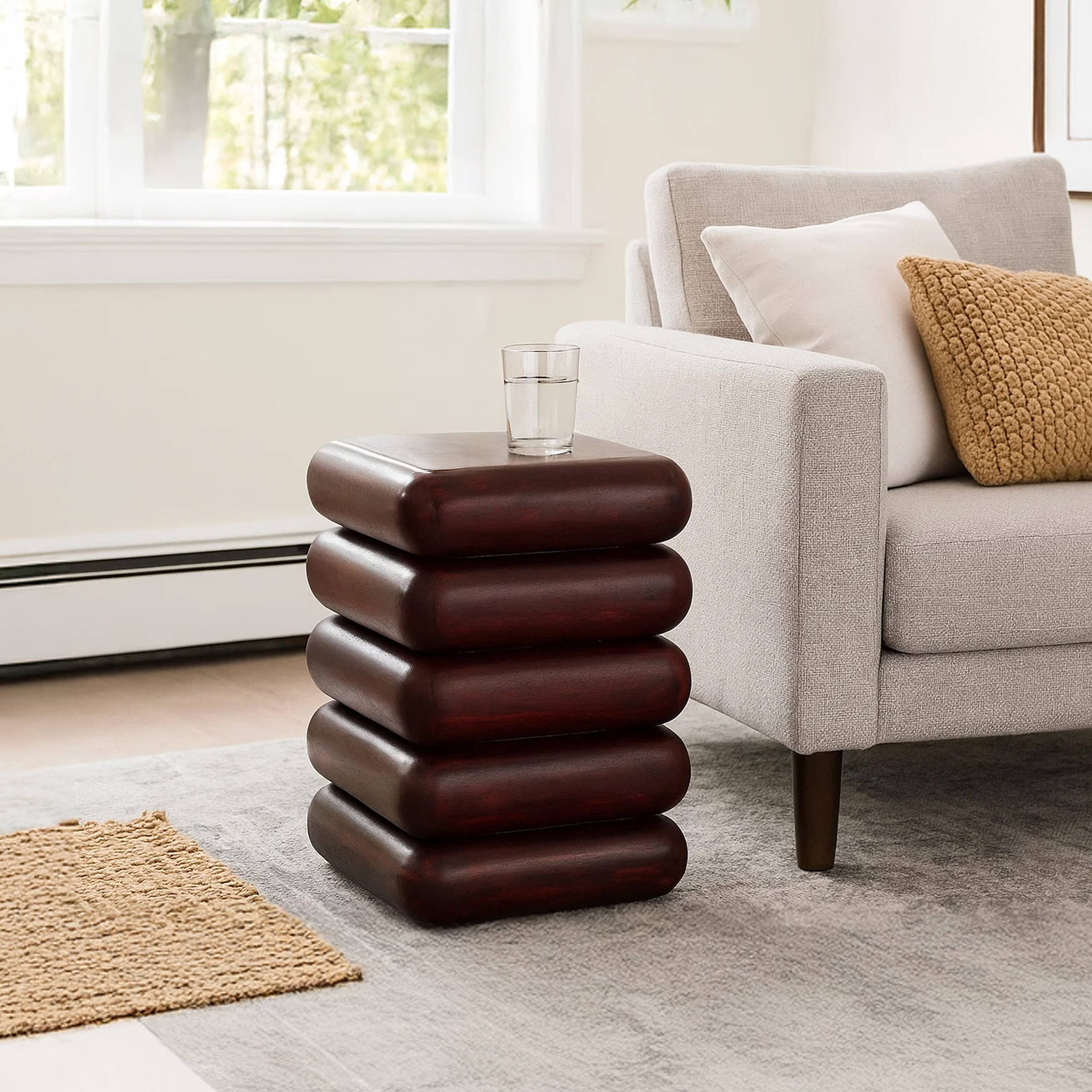Alt View 8. Manhattan Lane - Zyra 18" Side End Table | Sculptural Stacked Design | Acacia Wood - Dark Cherry Brown.