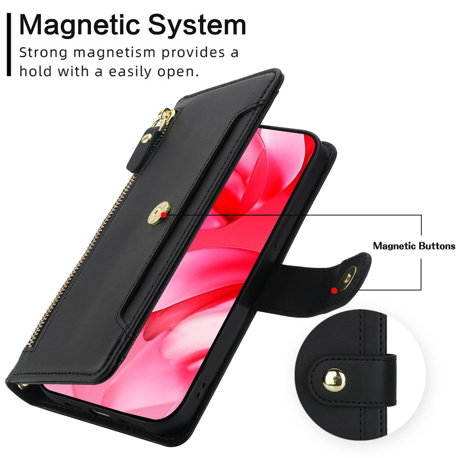 Magnetic System  
Strong magnetism provides a hold with a easily open.  
Magnetic Buttons