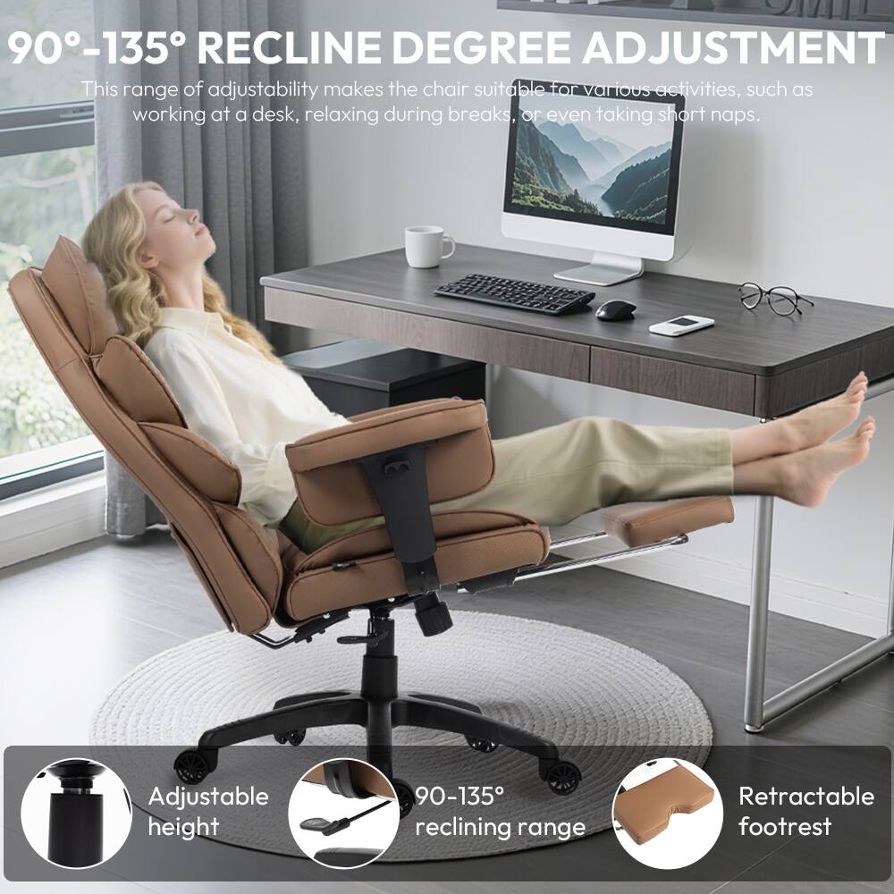 90°-135° RECLINE DEGREE ADJUSTMENT

This range of adjustability makes the chair suitable for various activities, such as working at a desk, relaxing during breaks, or even taking short naps.

- Adjustable height
- 90°-135° reclining range
- Retractable footrest